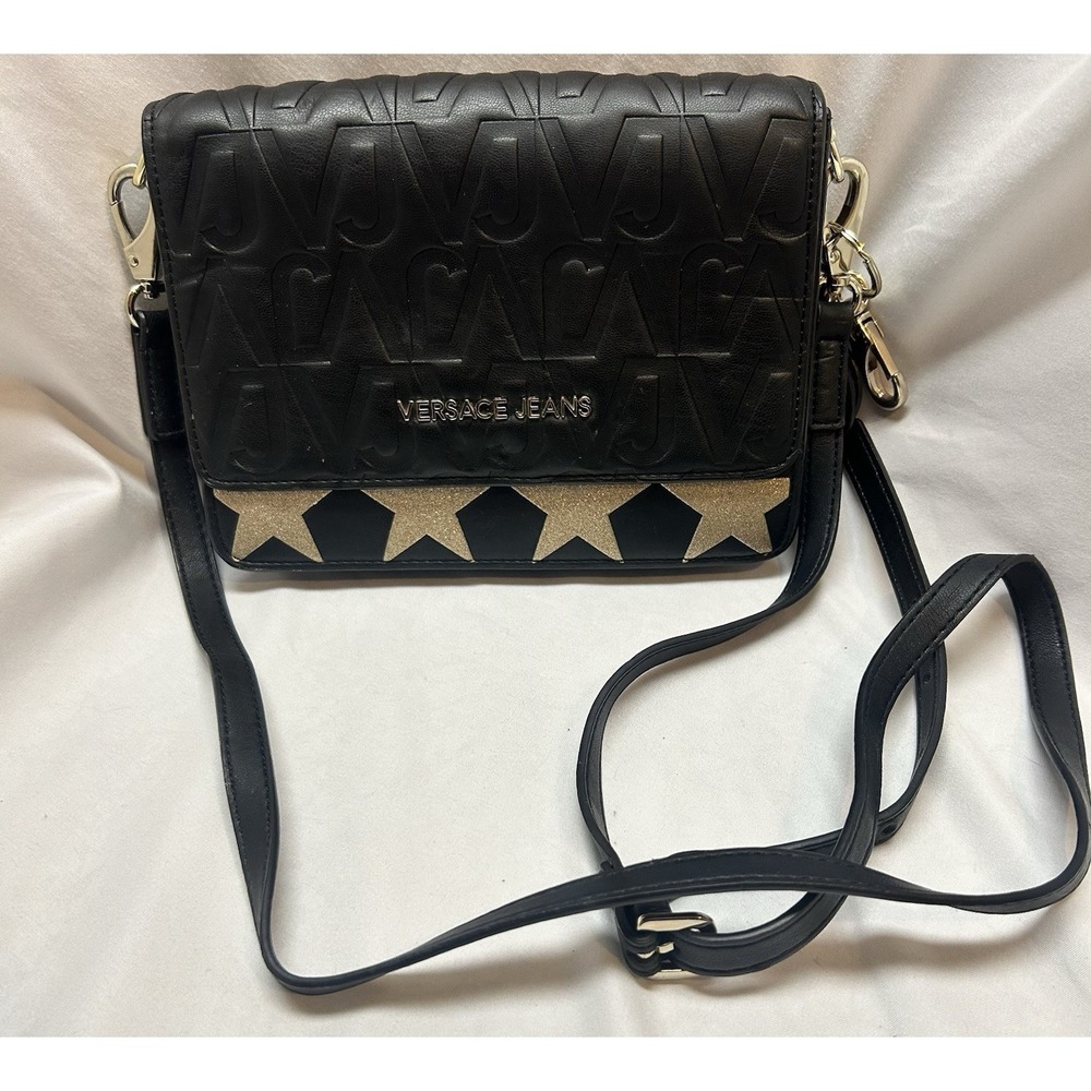 Versace Jeans Couture Faux Black Leather Silver Star Crossbody Purse